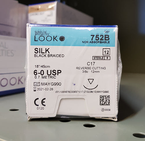 Look 752B Silk Black Braided Non Absorbable Reverse Cutting Sutures C17 3/8 Circle 6-0 18 Look 752B Silk Black Braided Non Absorbable Reverse Cutting Sutures C17 3/8 Circle 6-0 18
